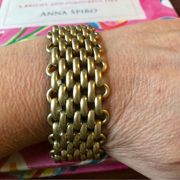 ECLucky Brand Mesh Link Bracelet Wide Gold Pave bracelet. Has lucky brand clover - Picture 5 of 8